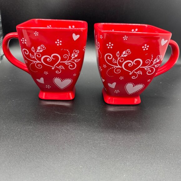 Temp-tations by Tara Seasonal Red White Floral Lace Hearts Squared Mug 18 oz - Picture 1 of 9